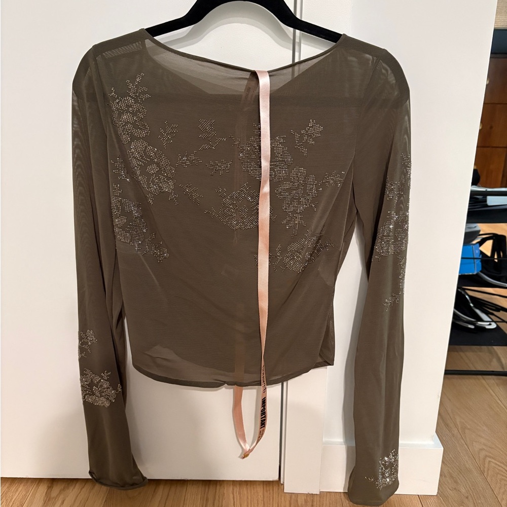 House of CB NWT Mesh Long-Sleeve Top with Rhinestone Detail Olive Green/Gray